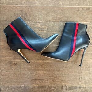 Steve Madden Vira Black Leather Ankle Booties with Red & Navy Stripe